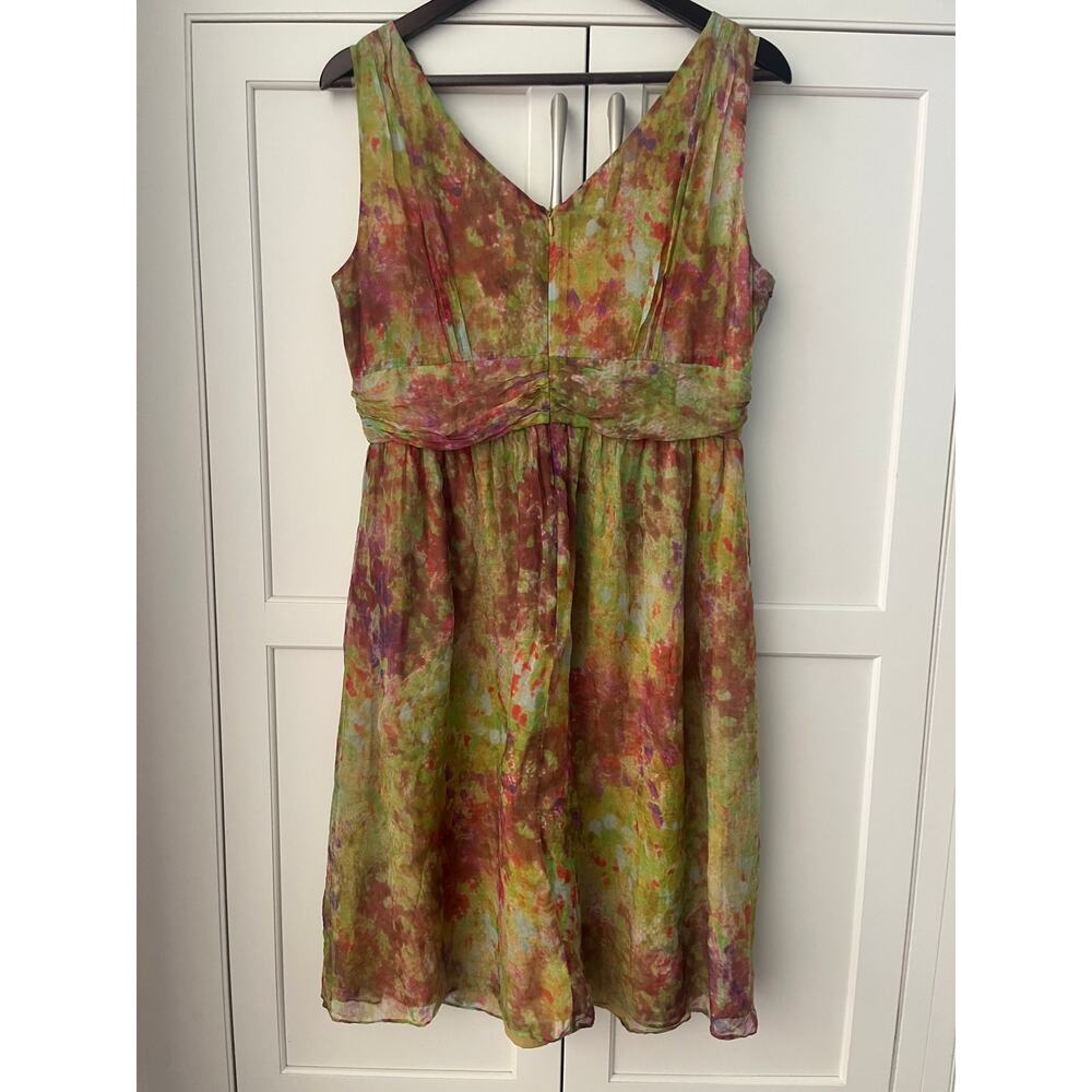 Sundance 100% Silk Dress 10 Watercolor Floral Green Pink Fit Flare Midi V-Neck - Picture 3 of 8